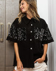 Black BiBi Sequin Detail Raw Hem Short Sleeve Shirt