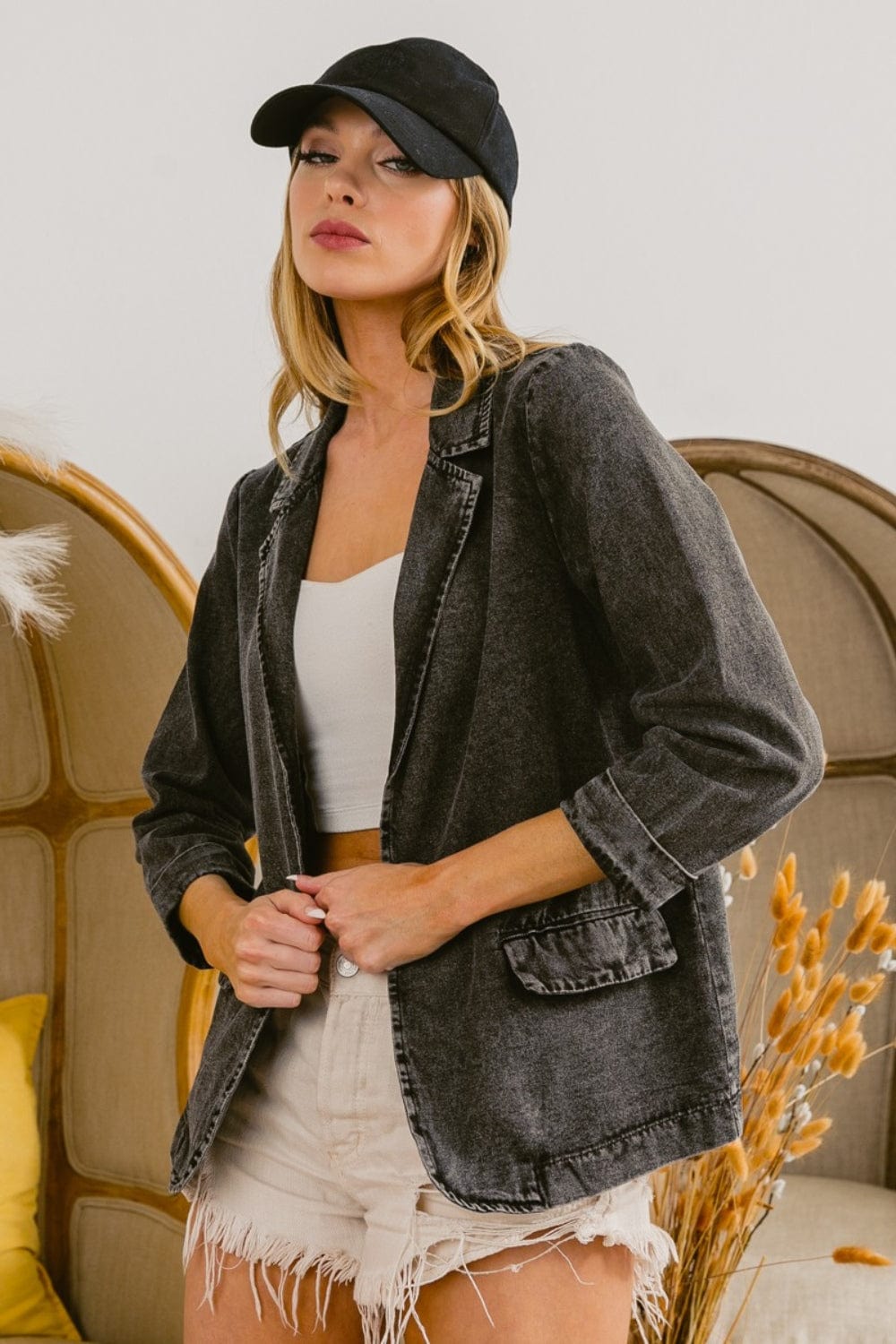 Tan BiBi Single Breasted Washed Denim Blazer