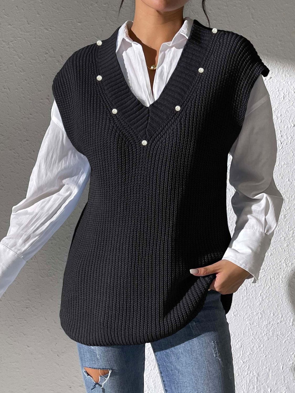 Dark Slate Gray Pearl Trim V-Neck Sweater Vest