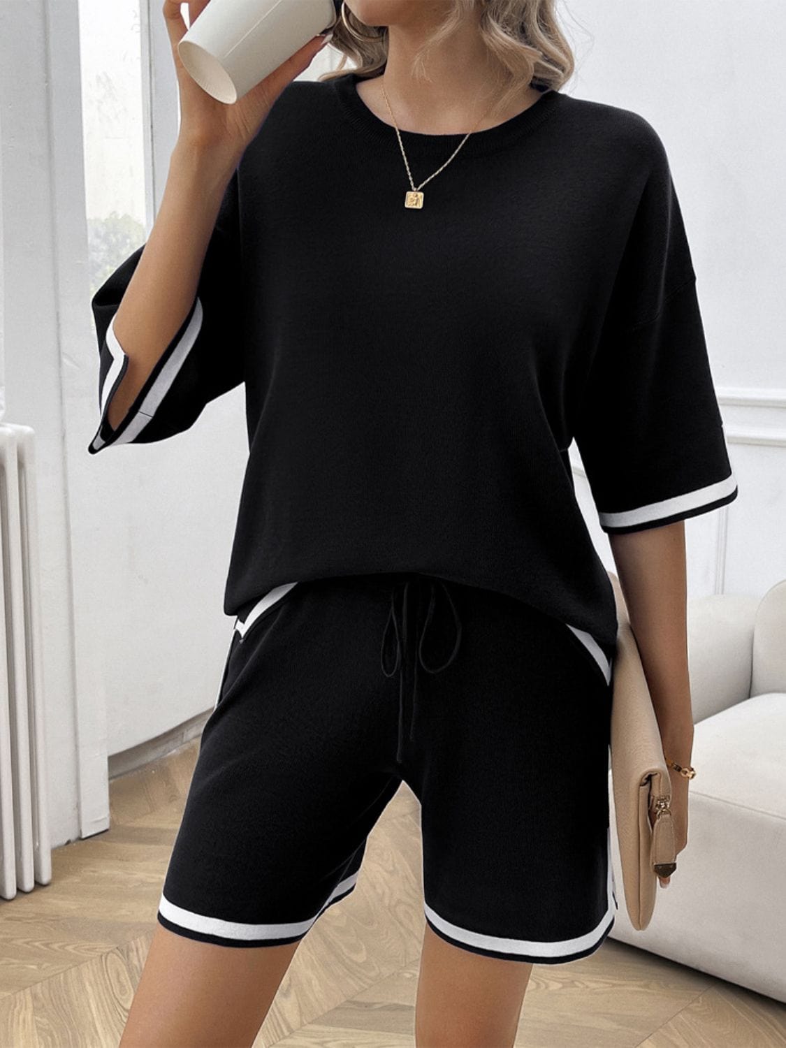 Black Contrast Trim Round Neck Top and Shorts Set