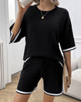 Black Contrast Trim Round Neck Top and Shorts Set