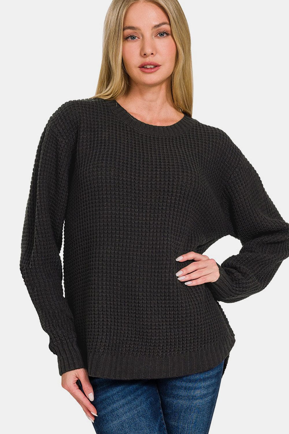 Dark Slate Gray Zenana High Low Long Sleeve Waffle Sweater