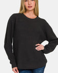 Dark Slate Gray Zenana High Low Long Sleeve Waffle Sweater