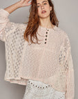 Gray POL Round Neck Long Sleeve Raw Edge Lace Top