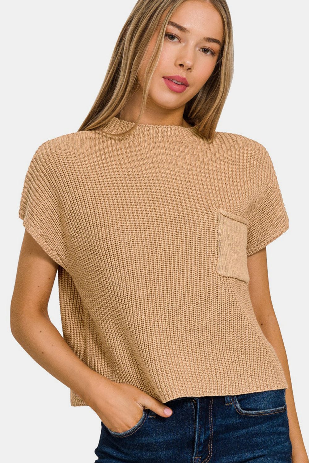 Dark Salmon Zenana Mock Neck Short Sleeve Cropped Sweater