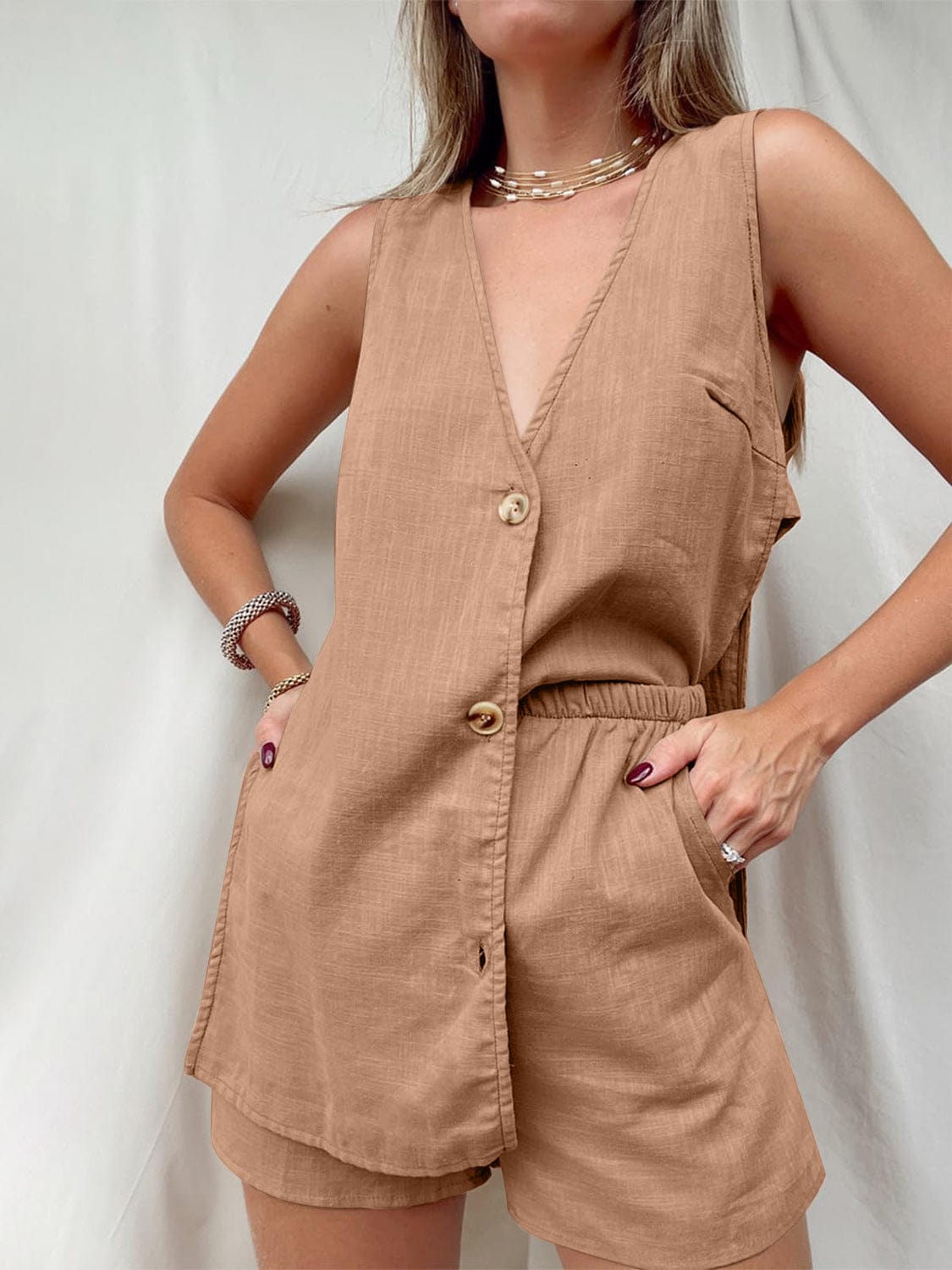 Rosy Brown Full Size Button Up Top and Shorts Set