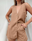 Rosy Brown Full Size Button Up Top and Shorts Set