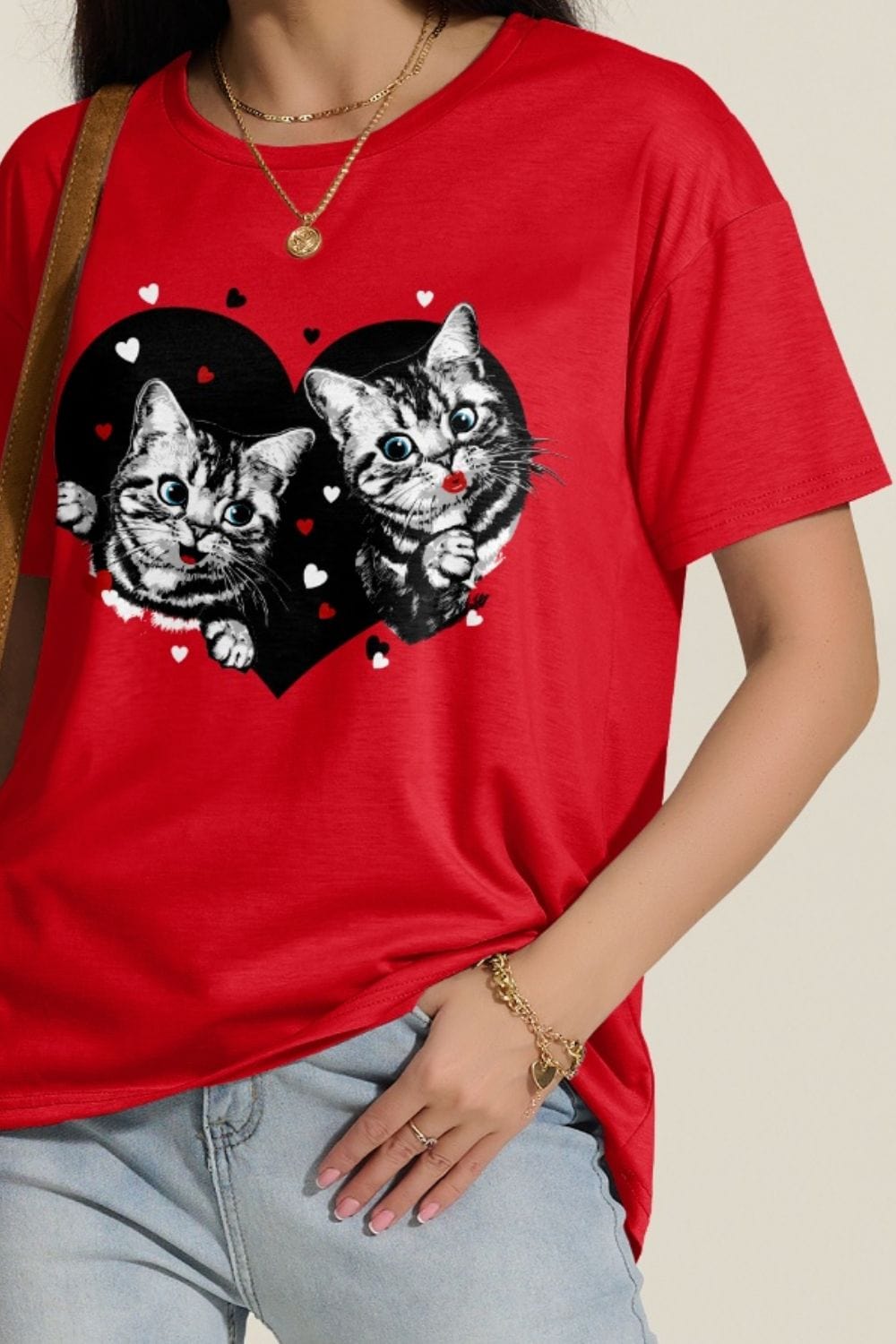 Gray Cat Round Neck Dropped Shoulder T-Shirt