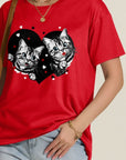 Gray Cat Round Neck Dropped Shoulder T-Shirt