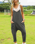 Dark Khaki Double Take Full Size Sleeveless V-Neck Pocketed Jumpsuit