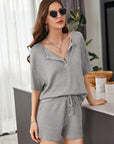 Gray Full Size Waffle-Knit Dropped Shoulder Top and Shorts Set