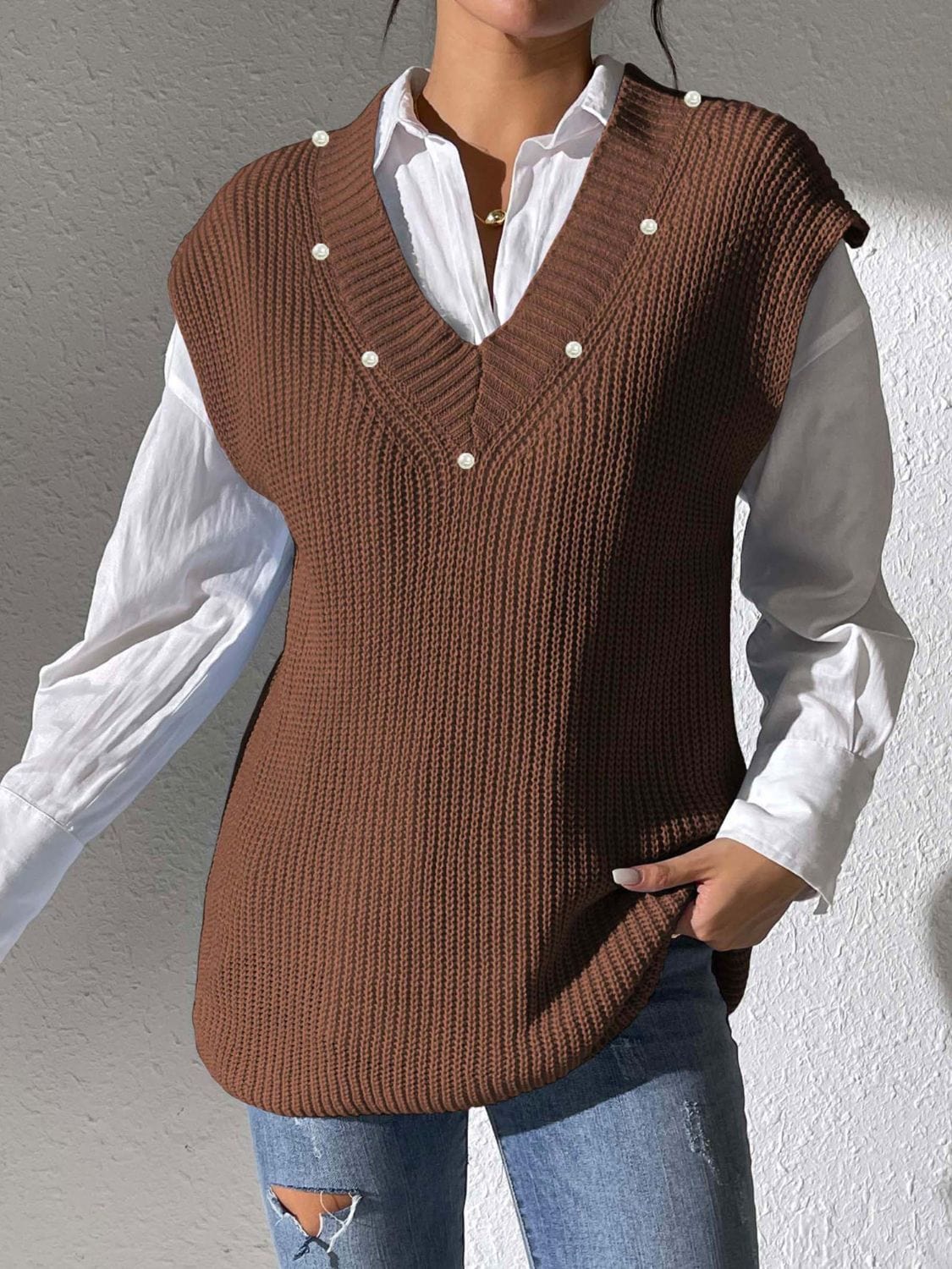 Dim Gray Pearl Trim V-Neck Sweater Vest