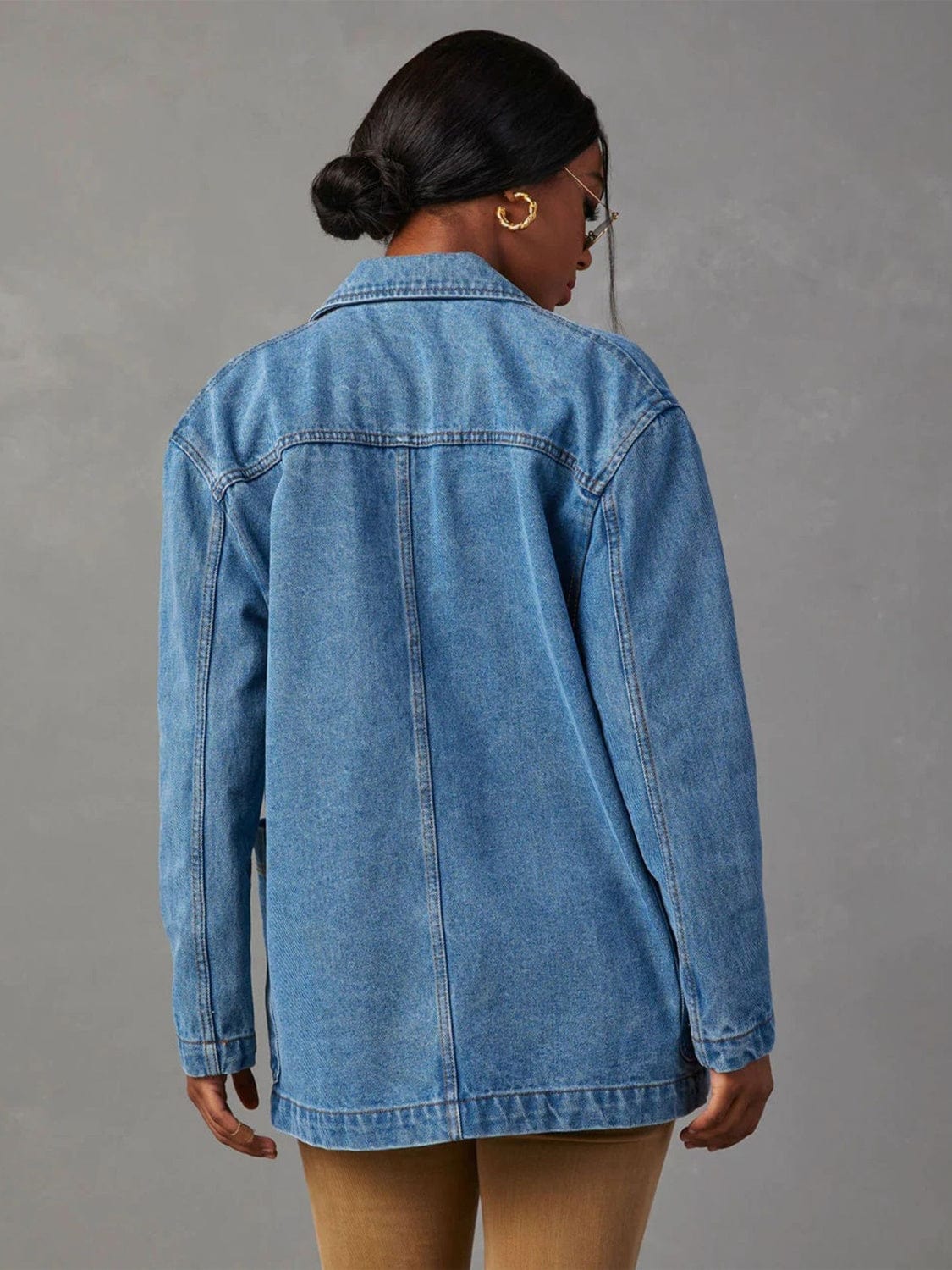 Light Slate Gray Collared Neck Long Sleeve Denim Jacket