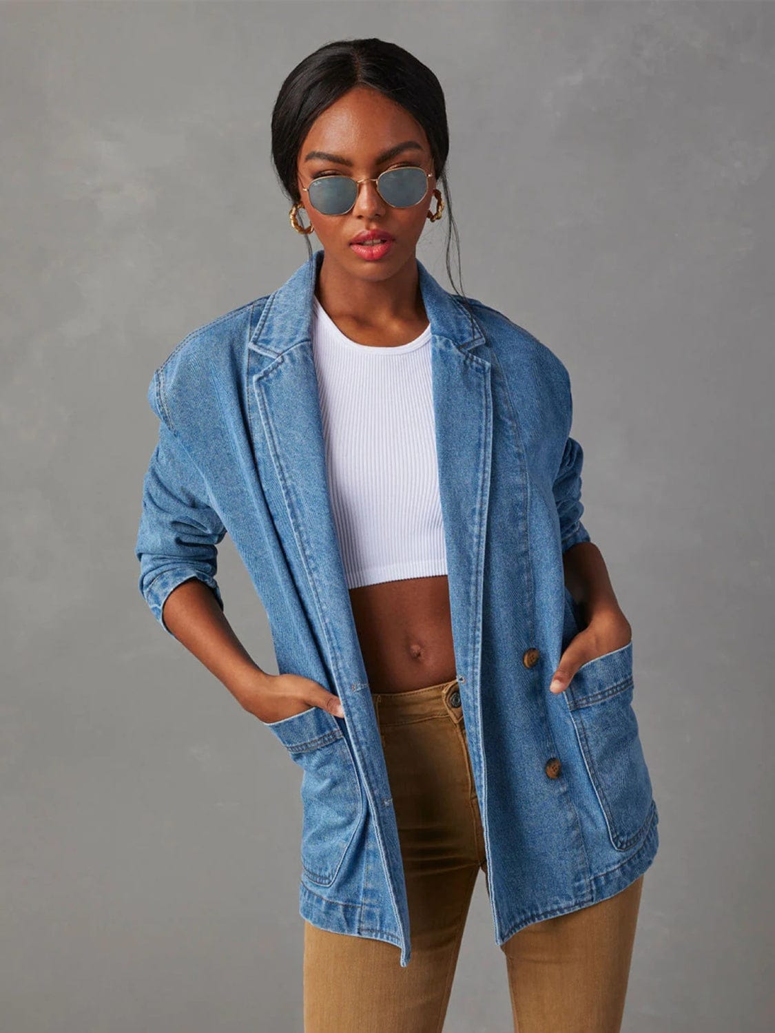 Light Slate Gray Collared Neck Long Sleeve Denim Jacket