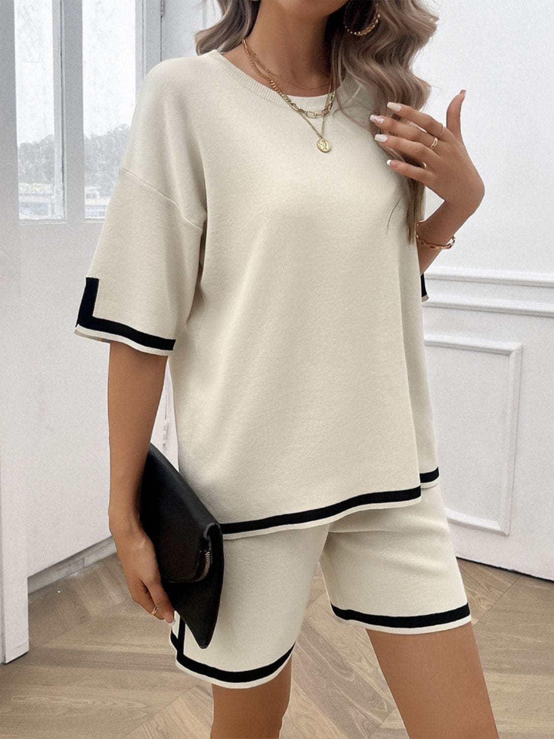 Light Gray Contrast Trim Round Neck Top and Shorts Set