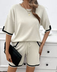 Light Gray Contrast Trim Round Neck Top and Shorts Set