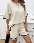 Light Gray Contrast Trim Round Neck Top and Shorts Set