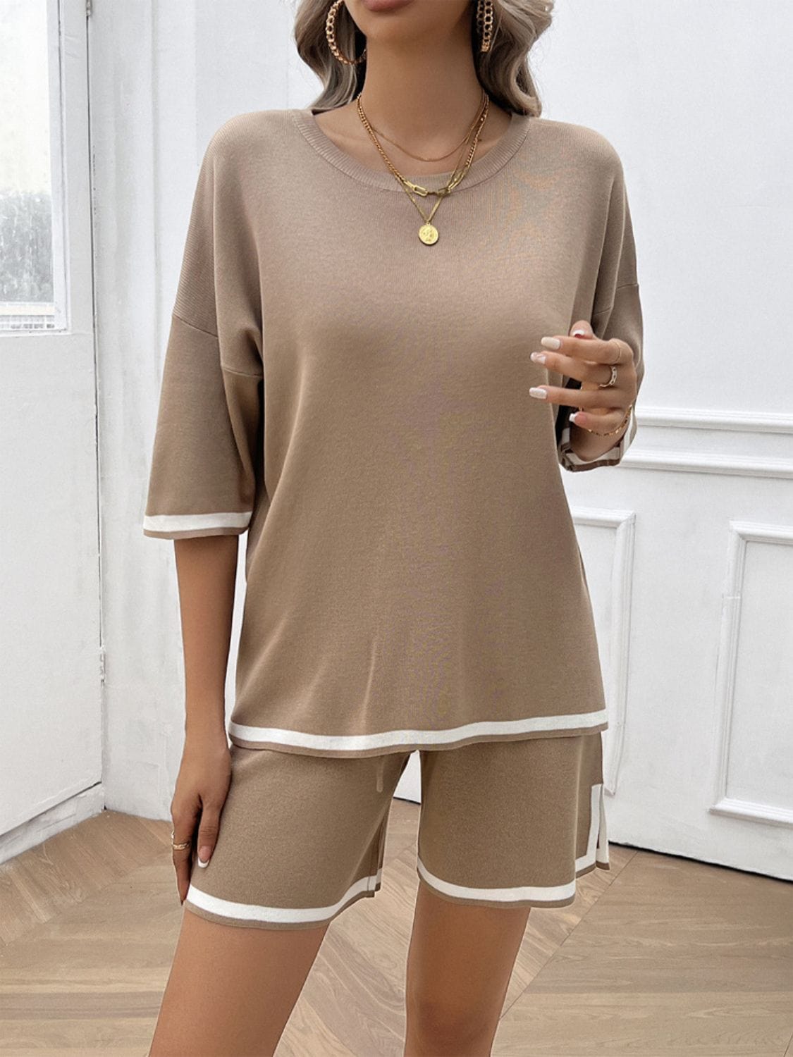 Rosy Brown Contrast Trim Round Neck Top and Shorts Set