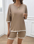 Rosy Brown Contrast Trim Round Neck Top and Shorts Set