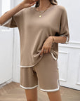 Rosy Brown Contrast Trim Round Neck Top and Shorts Set