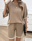 Rosy Brown Contrast Trim Round Neck Top and Shorts Set