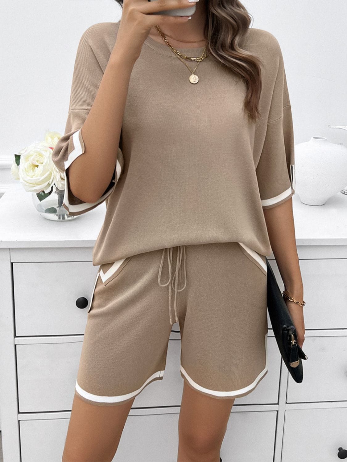 Light Gray Contrast Trim Round Neck Top and Shorts Set