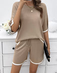 Light Gray Contrast Trim Round Neck Top and Shorts Set