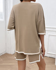 Rosy Brown Contrast Trim Round Neck Top and Shorts Set