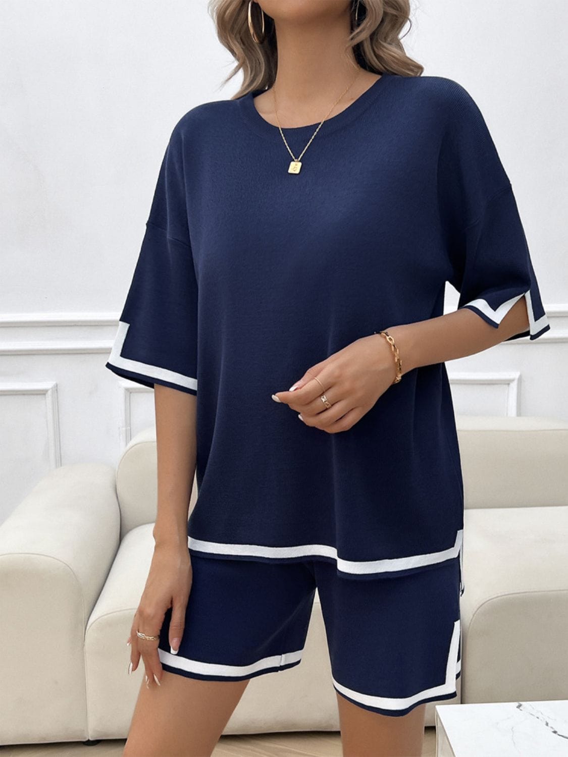 Midnight Blue Contrast Trim Round Neck Top and Shorts Set