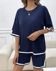 Midnight Blue Contrast Trim Round Neck Top and Shorts Set