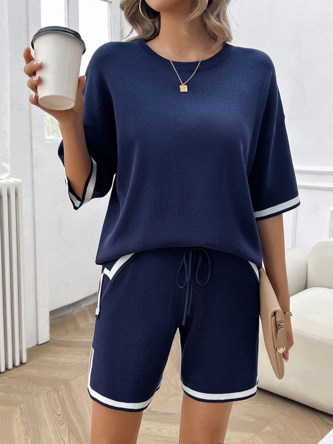 Midnight Blue Contrast Trim Round Neck Top and Shorts Set