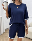 Midnight Blue Contrast Trim Round Neck Top and Shorts Set