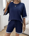 Midnight Blue Contrast Trim Round Neck Top and Shorts Set