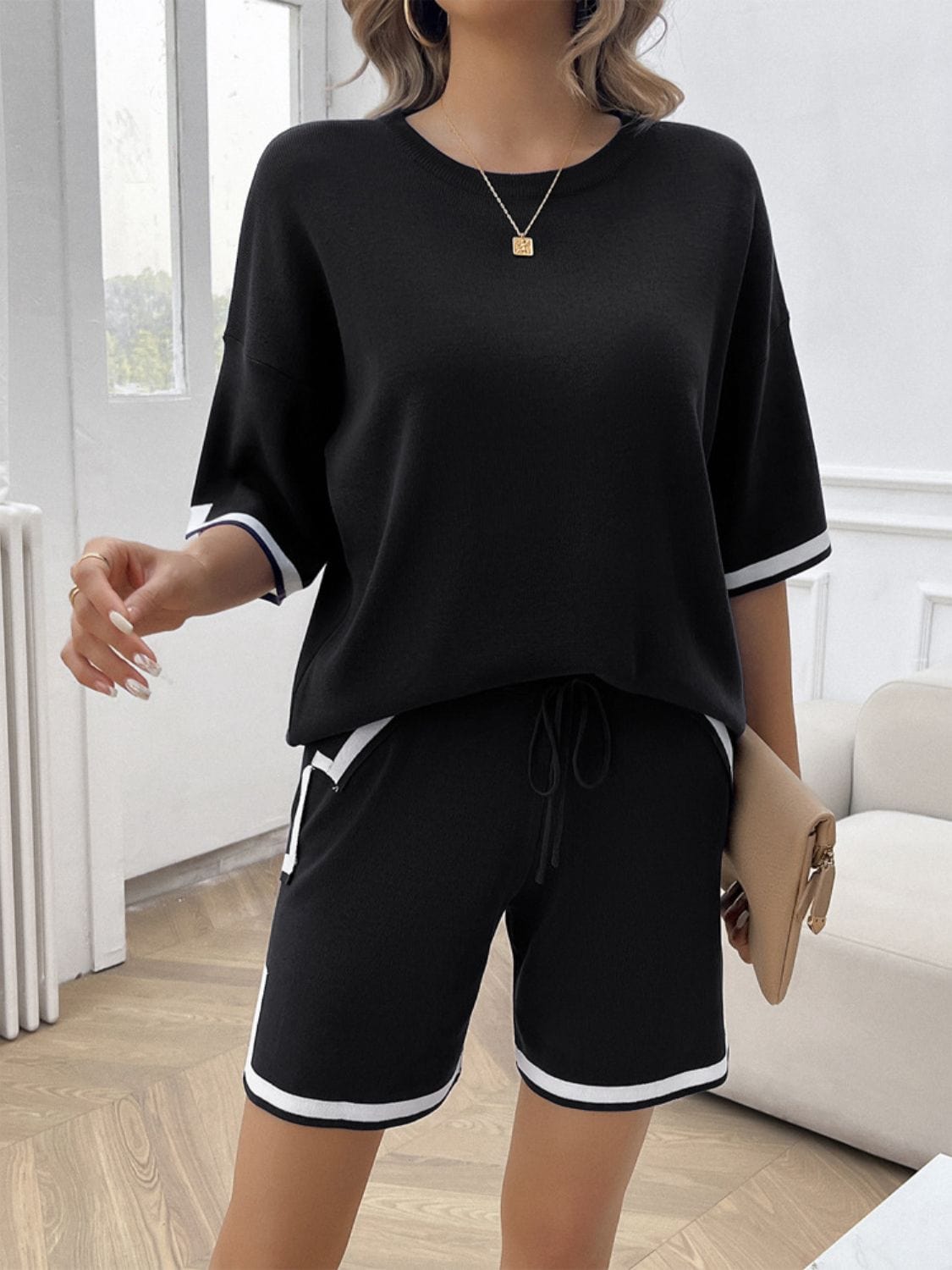 Black Contrast Trim Round Neck Top and Shorts Set