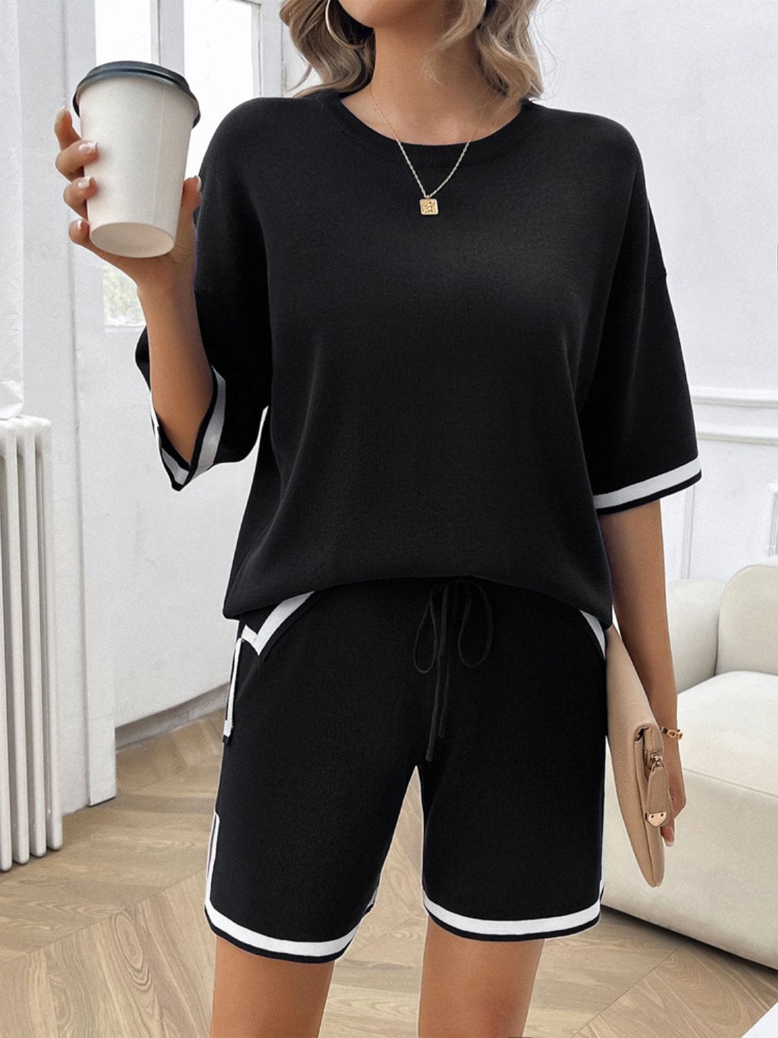 Black Contrast Trim Round Neck Top and Shorts Set