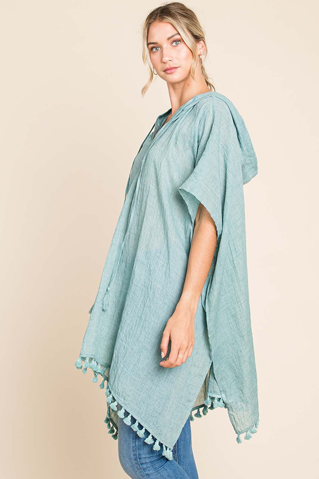 Light Gray Cotton Bleu by Nu Label Tassel Hem Hooded Cover Up