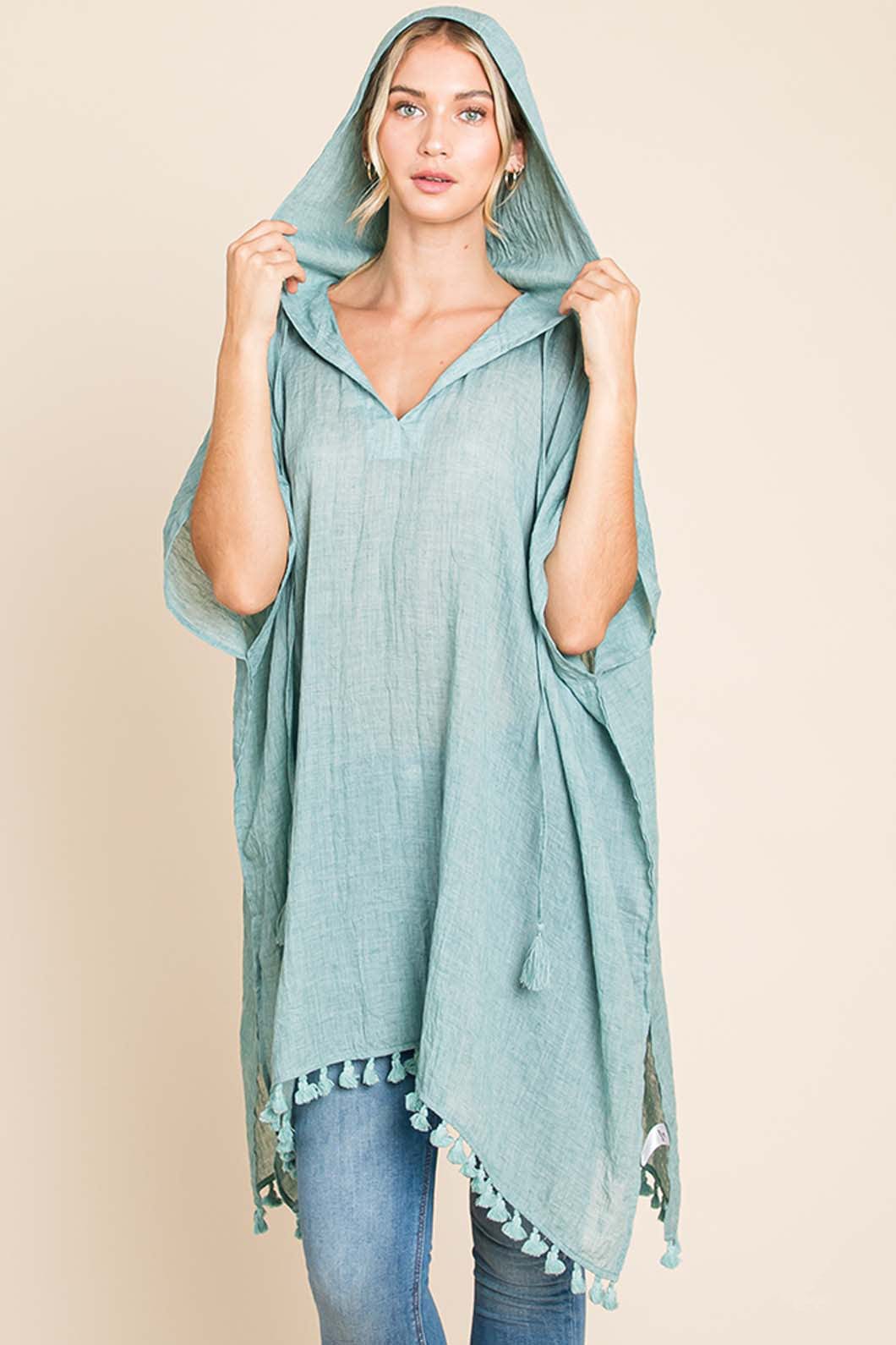 Light Gray Cotton Bleu by Nu Label Tassel Hem Hooded Cover Up