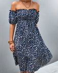 Gray Ditsy Floral Smocked Frill Trim Off-Shoulder Dress