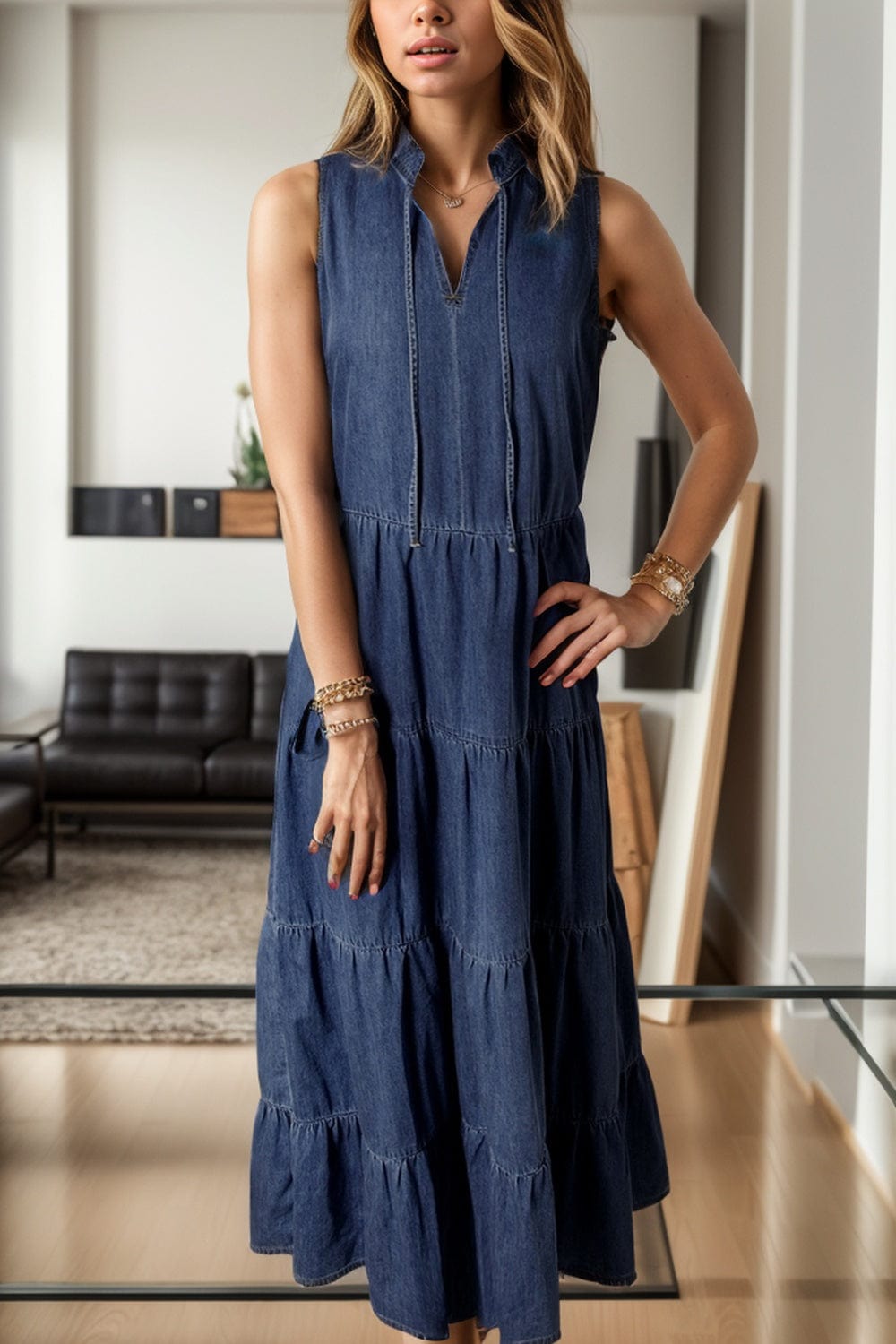 Dark Gray Tie Neck Sleeveless Denim Dress