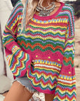 Openwork Round Neck Long Sleeve Knit Top