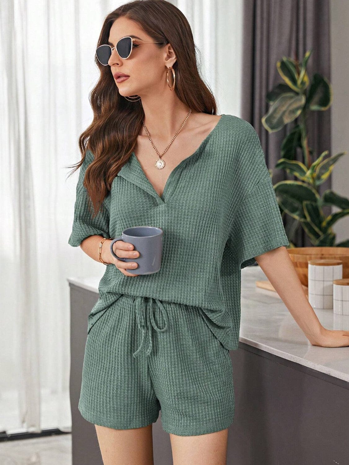 Dark Slate Gray Full Size Waffle-Knit Dropped Shoulder Top and Shorts Set