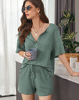 Dark Slate Gray Full Size Waffle-Knit Dropped Shoulder Top and Shorts Set