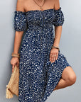 Gray Ditsy Floral Smocked Frill Trim Off-Shoulder Dress