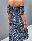 Dark Gray Ditsy Floral Smocked Frill Trim Off-Shoulder Dress