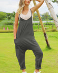 Dark Khaki Double Take Full Size Sleeveless V-Neck Pocketed Jumpsuit