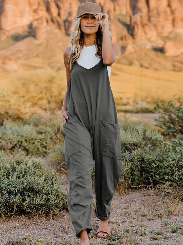 Dim Gray Double Take Full Size Sleeveless V-Neck Pocketed Jumpsuit