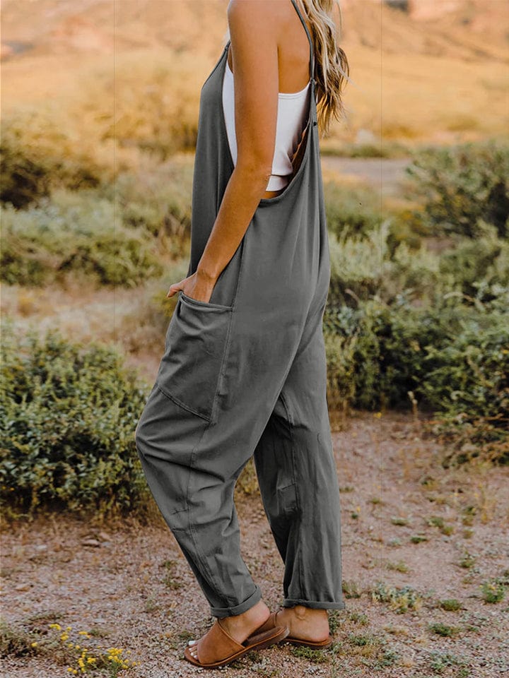 Dim Gray Double Take Full Size Sleeveless V-Neck Pocketed Jumpsuit