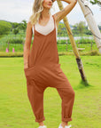 Dark Khaki Double Take Full Size Sleeveless V-Neck Pocketed Jumpsuit