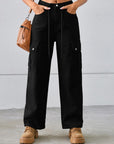 Black Drawstring Mid-Rise Waist Straight Cargo Jeans