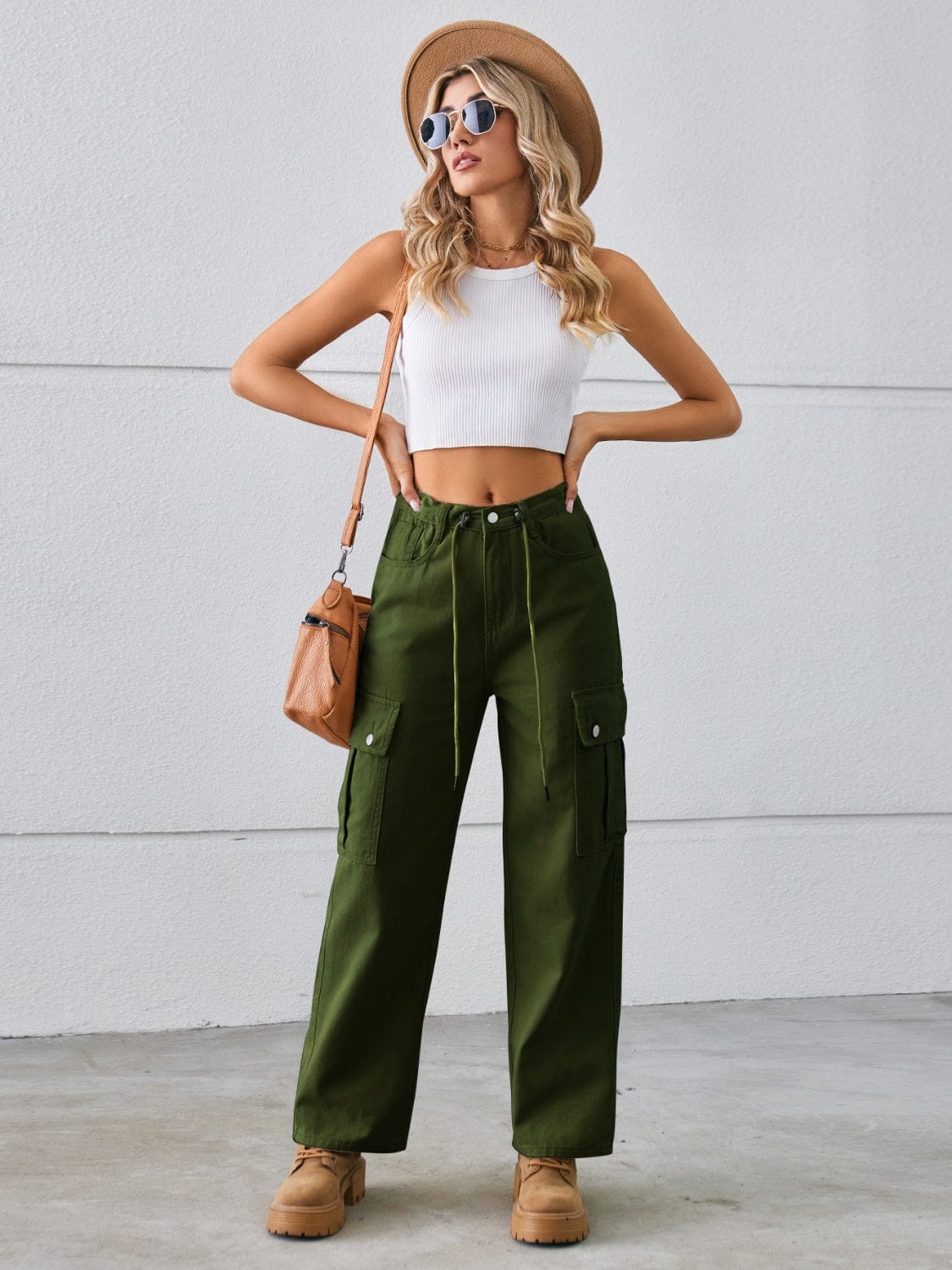 Gray Drawstring Mid-Rise Waist Straight Cargo Jeans